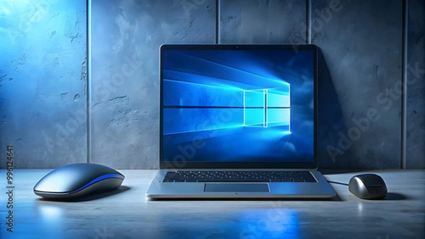 Obraz Windows 11 logo on laptop screen with mouse on black wall with blue light, Windows 11, logo, laptop, computer, mouse