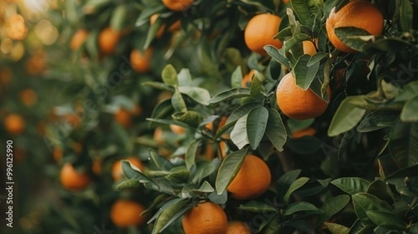 Fototapeta A close up of tangerine trees in an orange grove