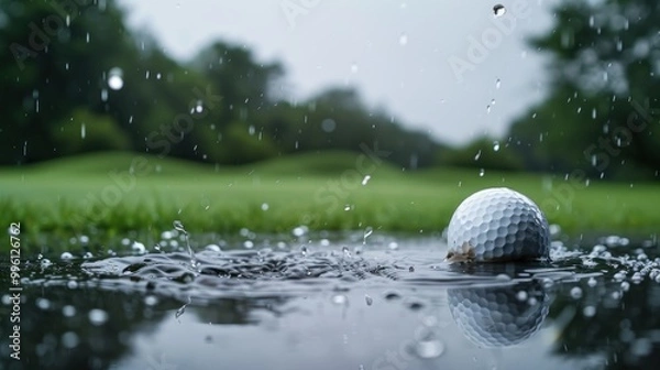 Fototapeta A golf ball is seen in the rain on an overcast day