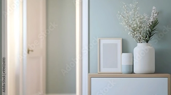 Fototapeta Stylish Hallway with Gallery Wall Display - Ambient Lighting Creates a Welcoming Atmosphere with Personal Photographs and Decorative Accents