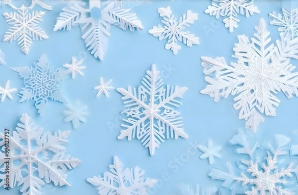 Fototapeta christmass frame for text, copyspace, white snowflakes on blue background
