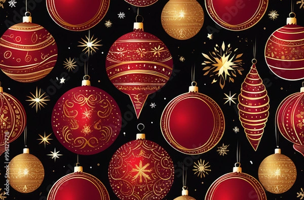Fototapeta pattern for wrapping paper, dark background, decorations multicolored red gold balls stars, christmas