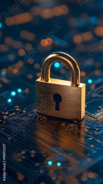 Fototapeta A golden padlock is placed on top of an intricate circuit board, symbolizing the security associated with data protection in digital systems