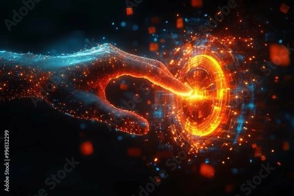 Fototapeta A glowing hand hovering over a large button representing the power of decision in executing orders.