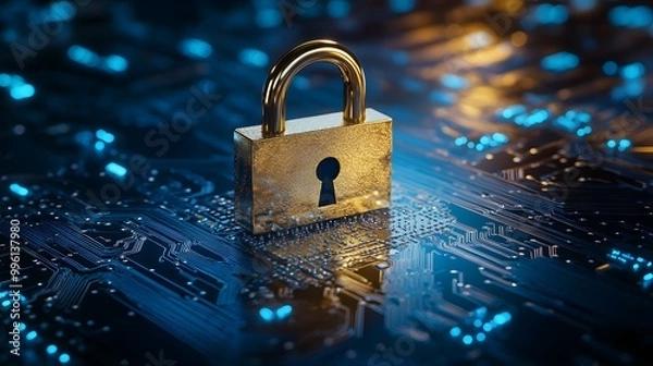 Obraz A golden padlock is placed on top of an intricate circuit board, symbolizing the security associated with data protection in digital systems