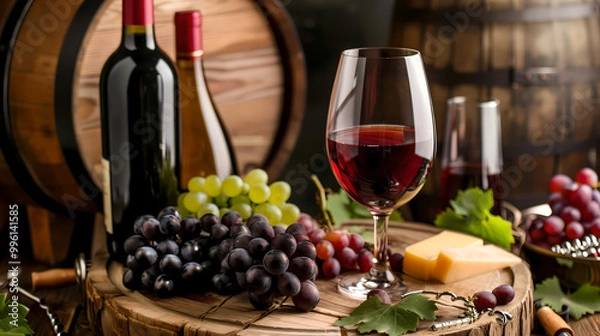 Fototapeta Close-Up of Wine Glasses Filled with Red and White Wine on a Table, Surrounded by Bottles in a Soft-Focused Wine Tasting Setting. Warm Lighting and Vibrant Colors Enhance the Atmosphere, Captured in H