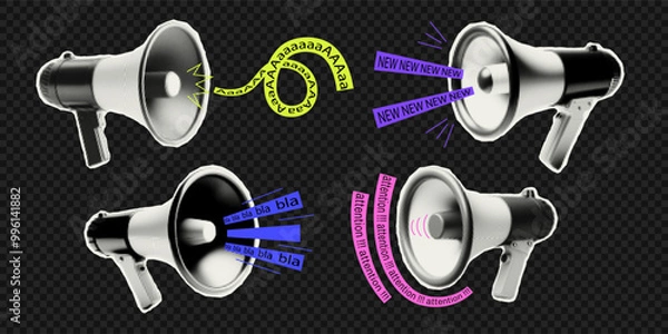Fototapeta Vector loudspeaker for collage with elements of a doodle. Trendy elements with a halftone effect for collage, poster, banner, cover design.