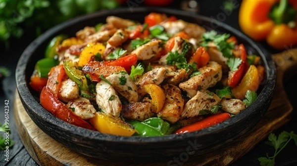 Fototapeta Delicious grilled chicken fajitas with vibrant vegetables on a skillet