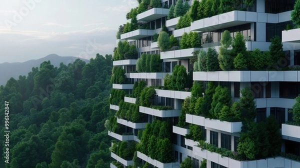 Fototapeta Eco-City in the Forest, a vibrant urban area embraced by dense trees, featuring sustainable transport systems, innovative green architecture, and harmonious nature integration.