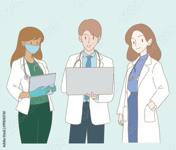 Obraz Set of doctors. Therapist, paramedic, nurse, medic workers uniform with stethoscopes working in the healthcare sector, holding computer tablet. Hand drawn flat cartoon character vector illustration.