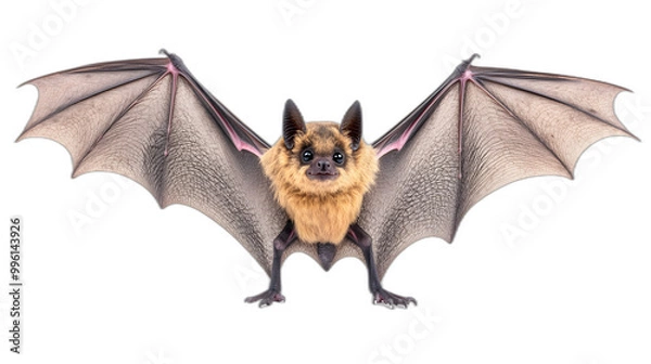 Fototapeta A single bat with wings spread wide isolated on a plain white background