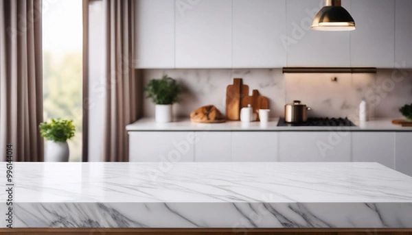 Fototapeta Modern empty white marble table for product display with kitchen room interior background