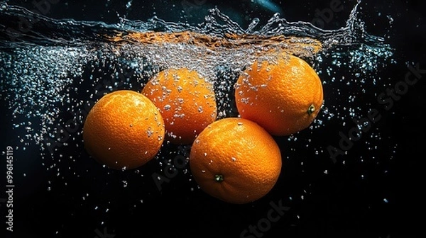 Fototapeta Fresh oranges submerged in water, creating a captivating splash and bubbles, showcasing natural beauty and freshness.