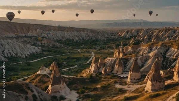 Fototapeta Cappadocia’s surreal landscape seen from above with hot air balloons drifting by