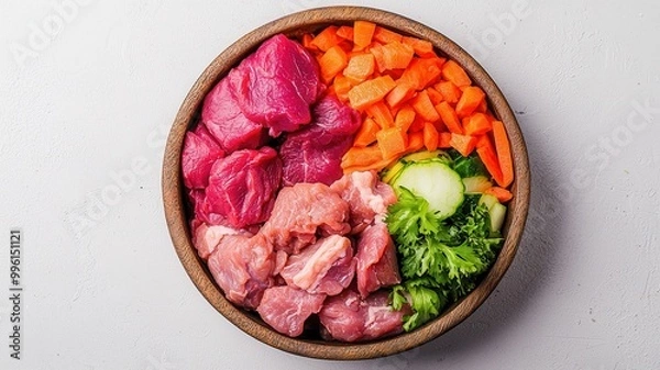 Fototapeta Fresh raw meat and vegetables arranged in a wooden bowl on a white isolated background.