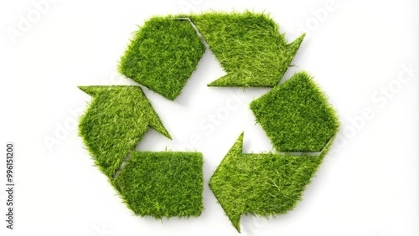 Fototapeta Green grass recycling symbol is laying on a white background
