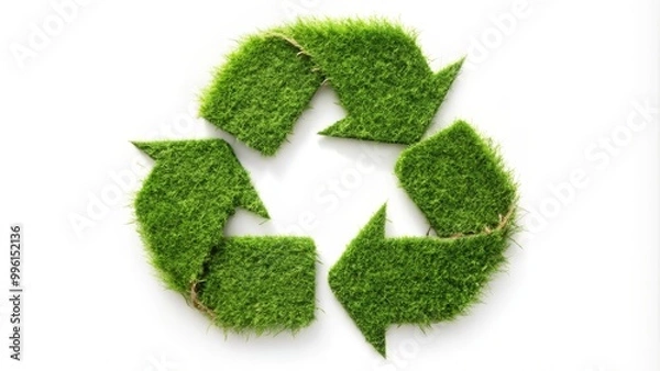 Fototapeta Green grass recycling symbol is laying on a white background