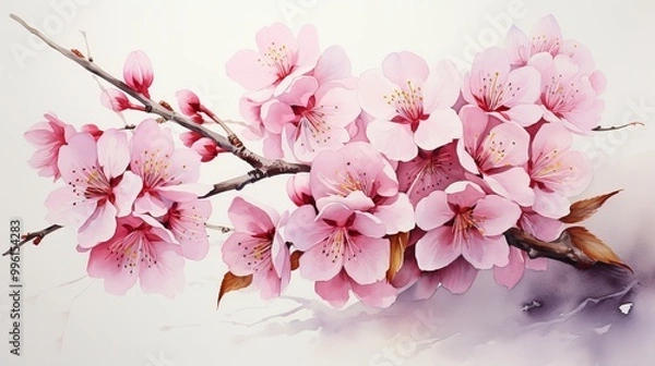 Fototapeta Cherry blossom branch with pink flowers on white background, retro toned