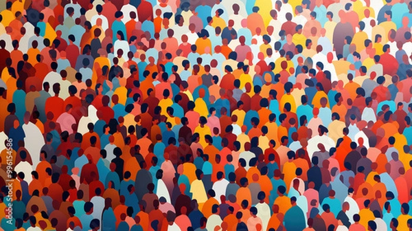 Fototapeta Colorful diverse people crowd art pattern. Multi-ethnic community, big cultural diversity group background illustration in modern style.