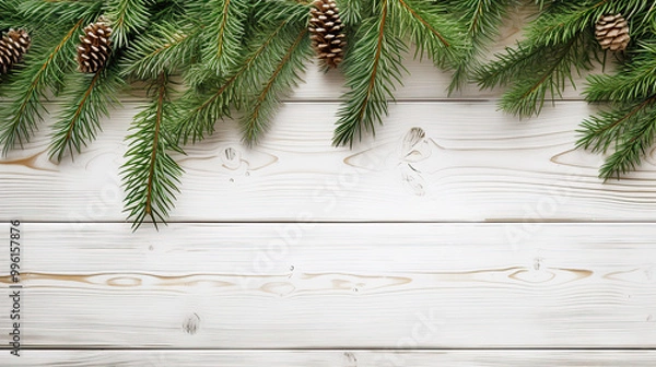 Fototapeta Spruce branches on a white wood background