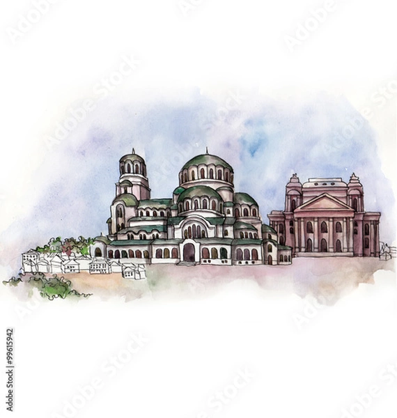 Fototapeta the panoramic view of Sofia watercolor of european union isolated on the white background