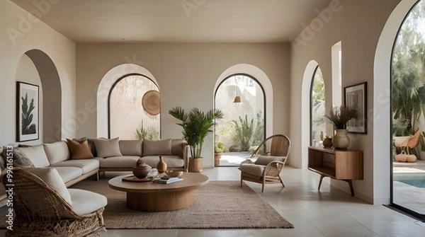 Obraz a minimalist Mediterranean-style interior with a neutral color palette. The layout features a spacious room with arched doorways and a high ceiling.