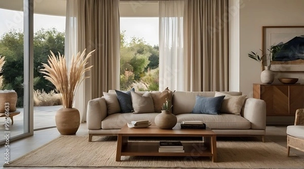 Obraz a minimalist Mediterranean-style interior with a neutral color palette. The layout features a spacious room with arched doorways and a high ceiling.