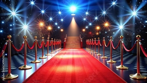 Fototapeta Red carpet is leading up a set of stairs to multiple bright spotlights and a starry background