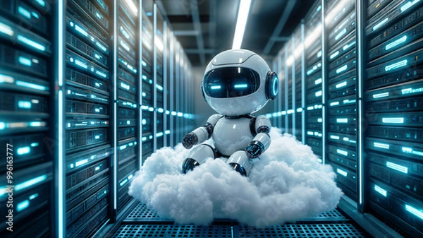 Obraz cloud computing in business, a robot sits on a cloud in a server room