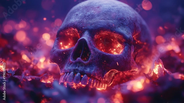 Fototapeta A captivating skull with a radiant glow, surrounded by fiery embers, creating a mystical and eerie atmosphere, perfect for Halloween or horror-themed projects