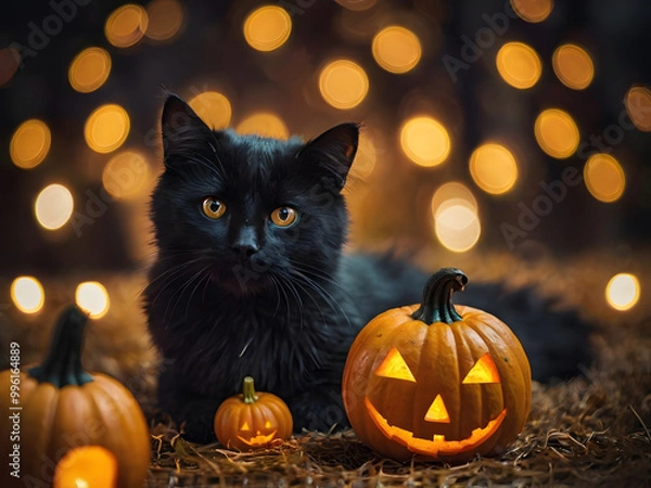 Obraz A black cat with pumpkin on a bokeh background
