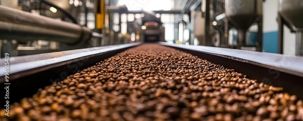 Fototapeta Conveyor Belt Transporting Raw Coffee Beans into Roasting Machine at Production Facility
