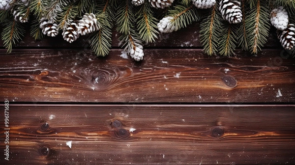 Fototapeta Snowy spruce branches on a brown wood background