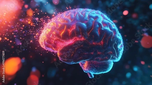 Fototapeta mesmerizing closeup of a human brain with glowing neural networks vibrant colors highlight synapses firing conveying the complexity and beauty of cognitive processes and consciousness