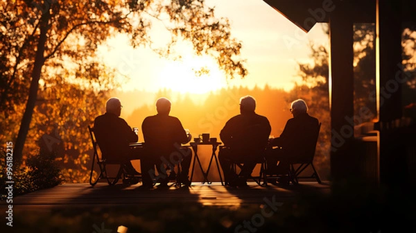 Fototapeta A group of LGBTQ elders sitting on a porch, enjoying coffee and discussing memories from their past