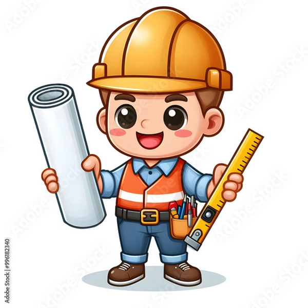 Fototapeta Isolated flat-style illustration of cute builder on wite background.
