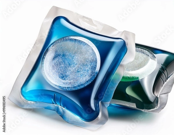 Fototapeta  Capsules with detergent for washing machine isolated on white background. Laundry pods, liquid
