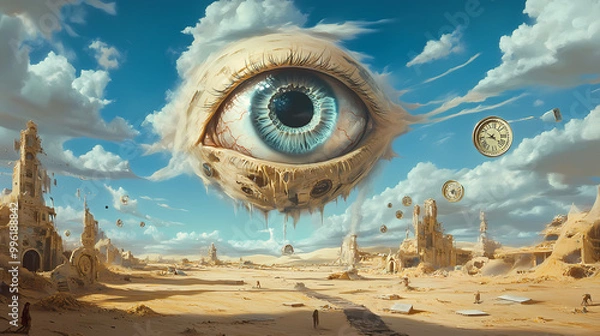 Obraz Generative AI, Floating Eye and Melting Clocks in the Desert