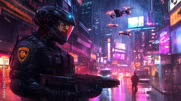 Obraz Generative AI, Cyber Armor Patrol: Futuristic Officer on Neon Streets