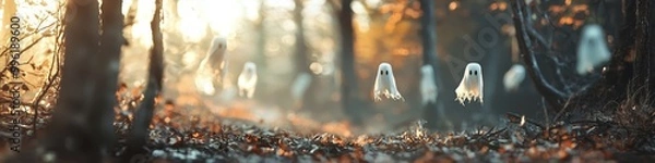 Obraz Glowing ghostly figures floating through an abandoned forest with twisted trees, [Halloween banner], [haunted forest and ghostly vibes].