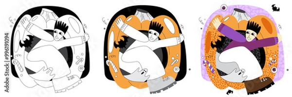 Fototapeta Vector stylized illustration on the theme of a boy with a pumpkin. Flat or doodle illustration on the theme of Halloween.