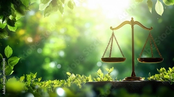 Fototapeta A golden balance scale symbolizing justice surrounded by lush greenery and soft sunlight.