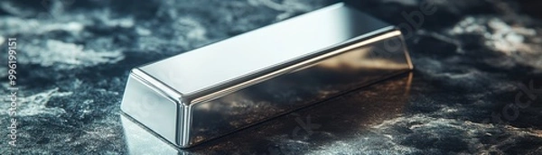 Fototapeta A shiny metal ingot resting on a textured surface, showcasing its reflective surfaces and industrial quality.