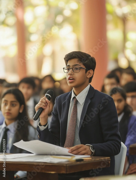 Fototapeta A boy in a suit and tie is speaking into a microphone