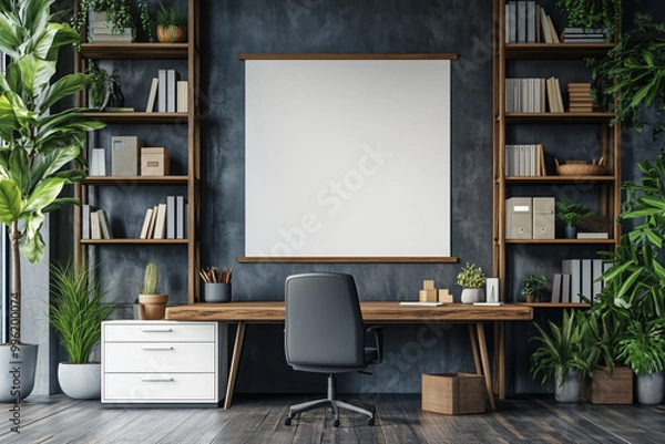 Fototapeta A serene modern office space featuring elegant wooden shelves and a minimalist design perfect for productivity and inspiration