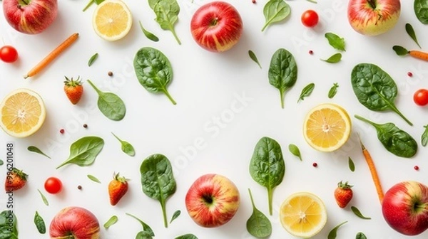 Fototapeta minimalist composition fresh fruits vegetables clean white background arranged square frame Ripe apples green spinach leaves orange carrots yellow lemons create vibrant border leaving center blank cus