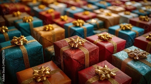 Fototapeta Numerous holiday presents in vibrant wrappers adorned with shiny bows are displayed together, creating a festive atmosphere perfect for celebrations and gift-giving