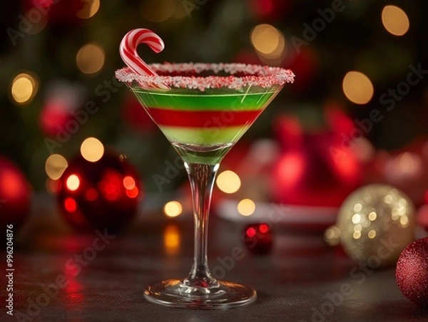 Fototapeta Christmas martini with red and green layers, garnished with a candy cane, served in a frosted glass 