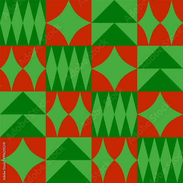 Fototapeta Christmas seamless pattern with red and green geometric elements. Flat style. Template for winter holidays design. Vector illustration