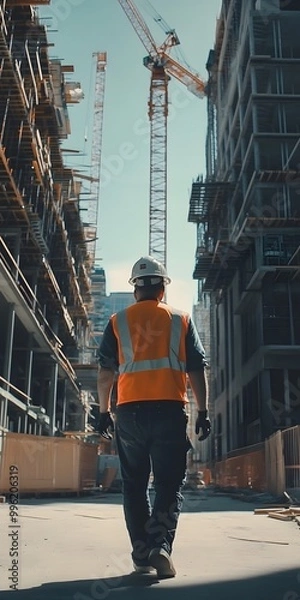 Fototapeta Photo of a construction worker wearing an orange vest and helmet, walking towards the camera